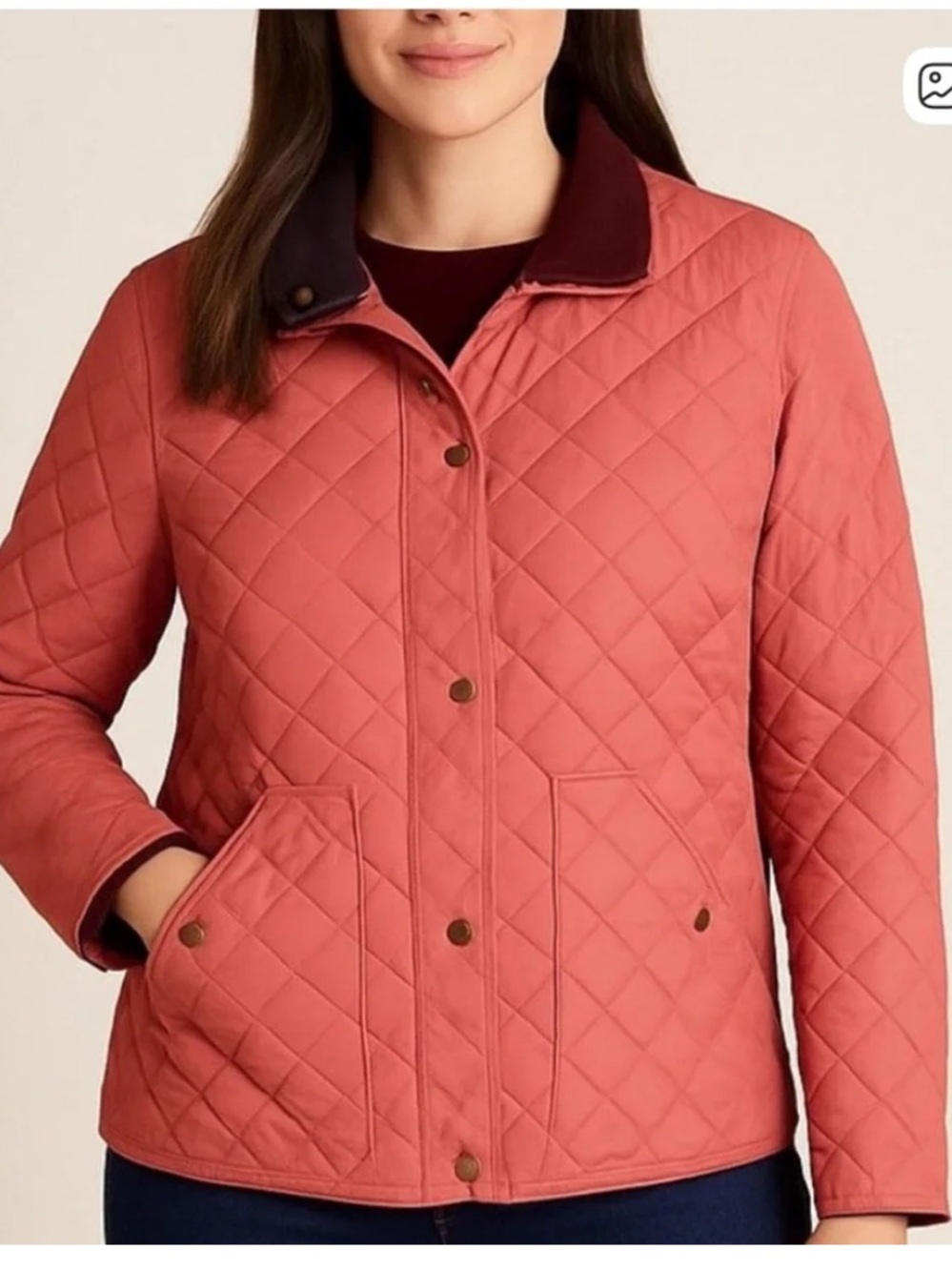 Lands' End Quilted Coral Puffer Jacket with Brown Corduroy Collar